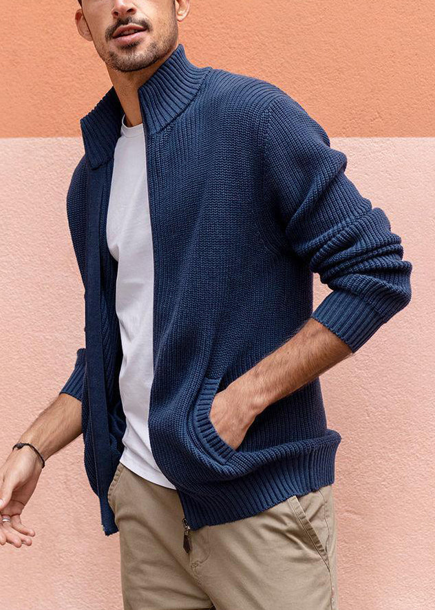 Up Zip Spring Knit Pockets Cardigan Navy Simple