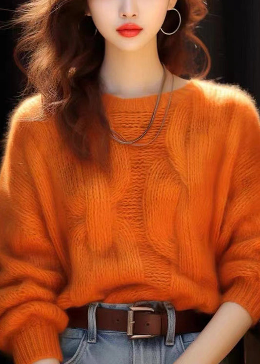 Simple Orange O Neck Cozy Knit Sweaters Winter Wx010