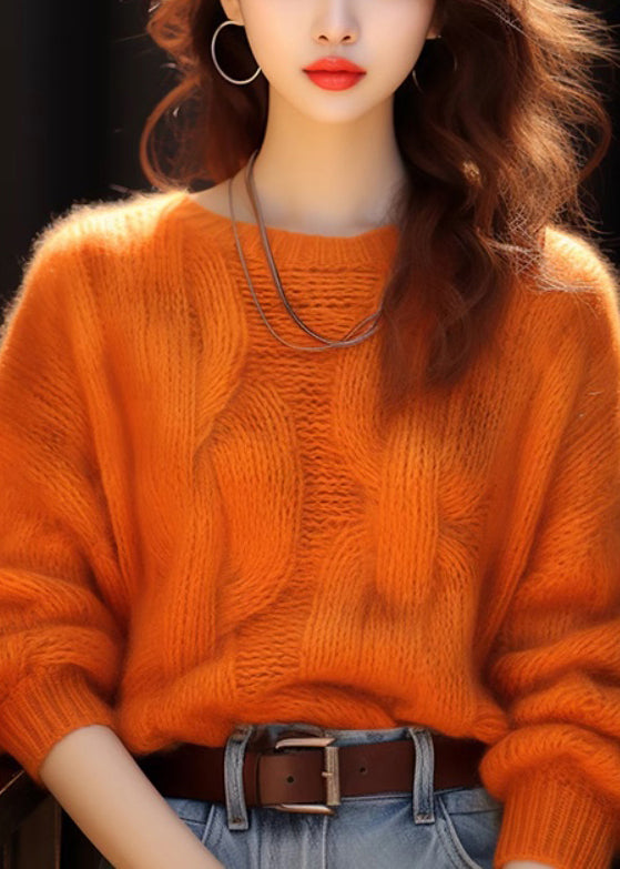 Simple Orange O Neck Cozy Knit Sweaters Winter Wx010