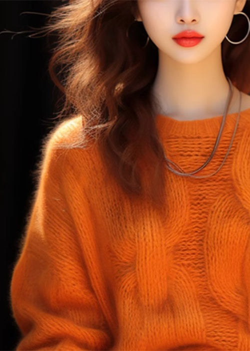 Simple Orange O Neck Cozy Knit Sweaters Winter Wx010