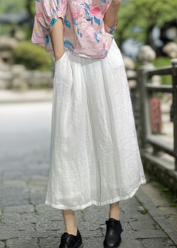Simple Orange Pockets Elastic Waist Linen Wide Leg Pants Summer Kk031