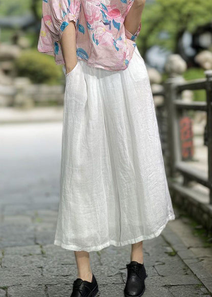 Simple Orange Pockets Elastic Waist Linen Wide Leg Pants Summer Kk031