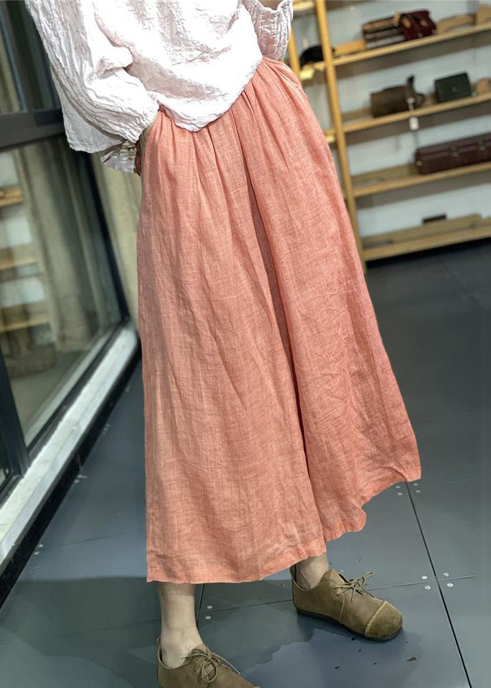Simple Orange Pockets Elastic Waist Linen Wide Leg Pants Summer Kk031