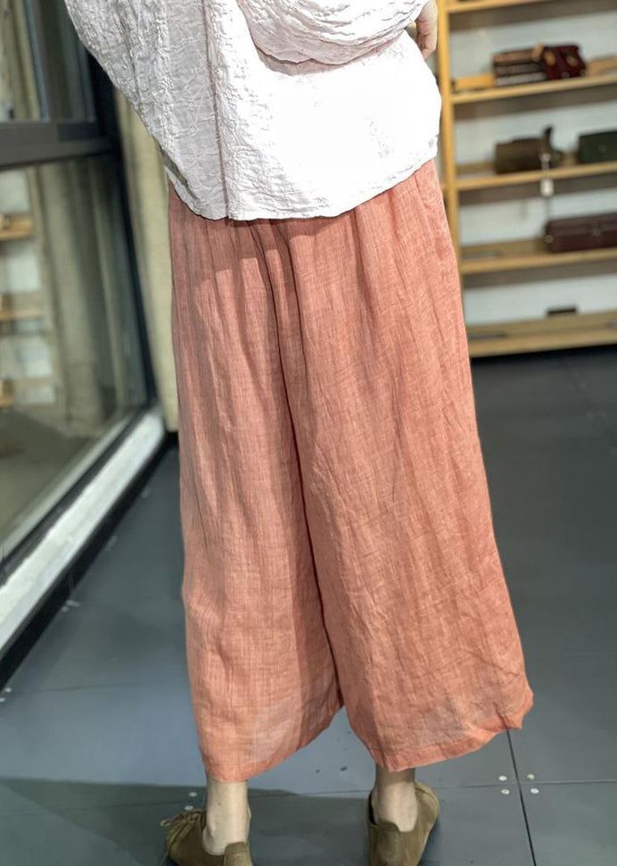 Simple Orange Pockets Elastic Waist Linen Wide Leg Pants Summer Kk031