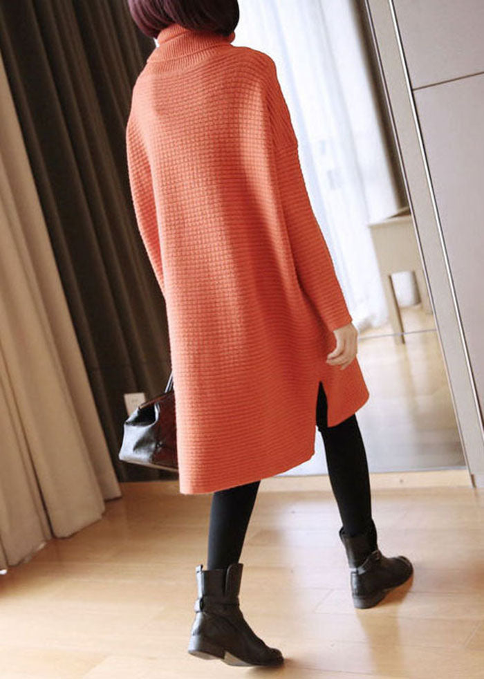 Simple Orange Turtle Neck Oversized Knitted Long Sweater Spring Ly1439
