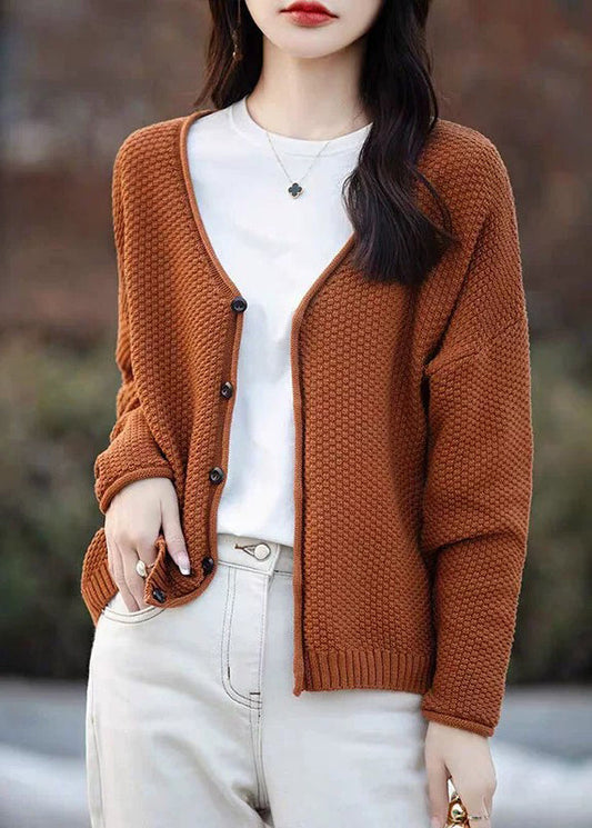 Simple Orange V Neck Button Cotton Knit Cardigan Fall Qi014