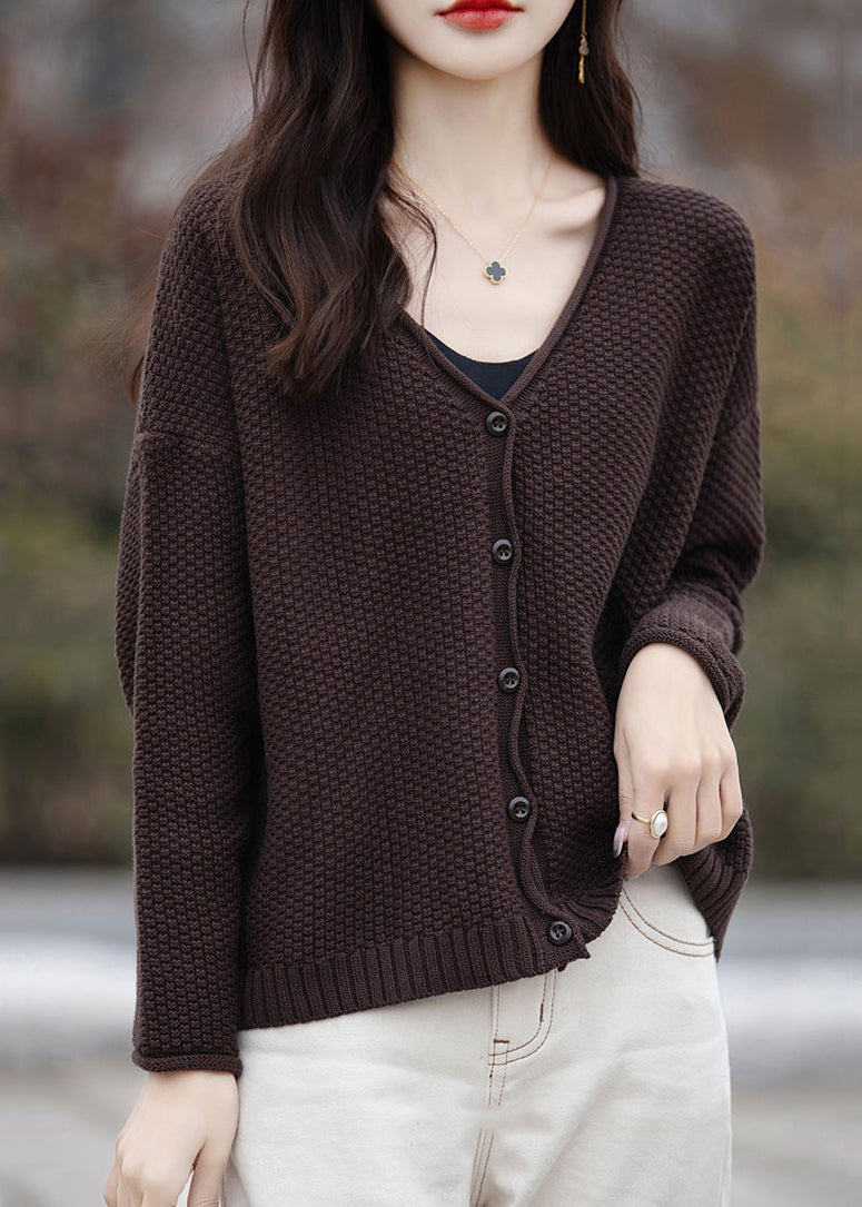 Simple Orange V Neck Button Cotton Knit Cardigan Fall Qi014