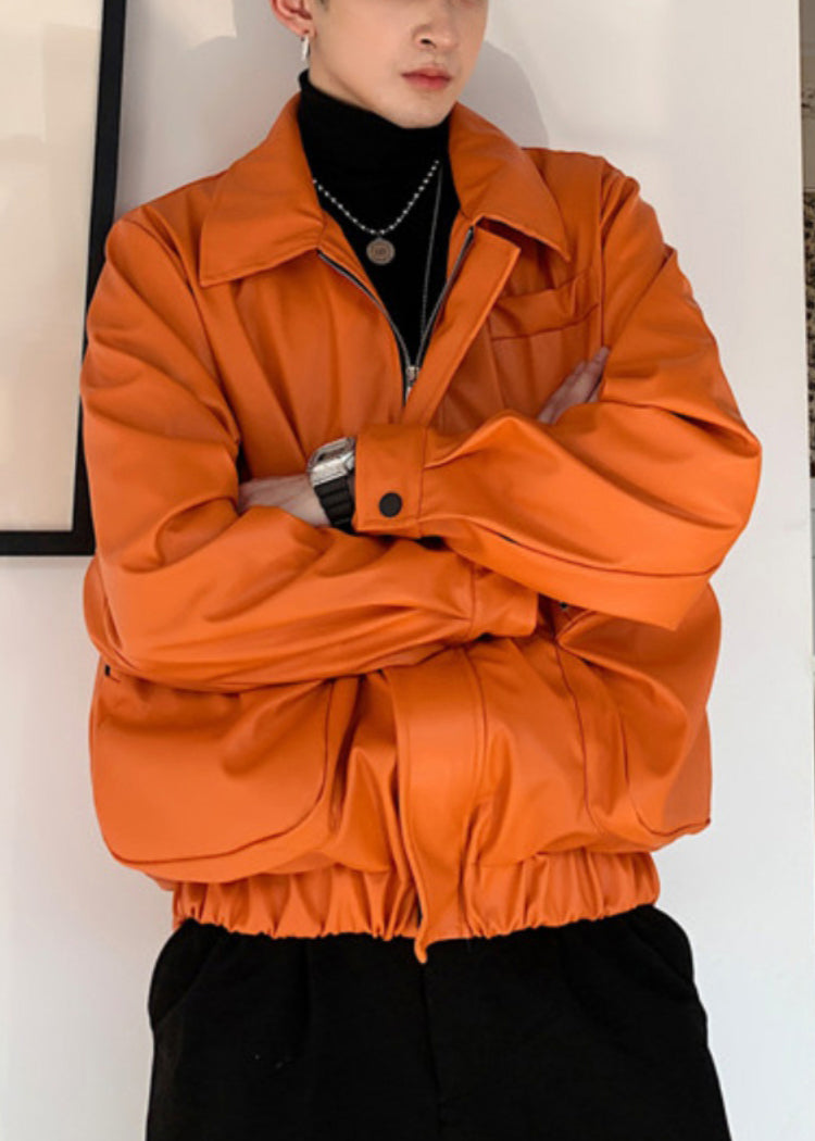 Simple Orange Zippered Pockets Faux Leather Coats Spring Rn031