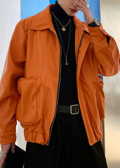 Simple Orange Zippered Pockets Faux Leather Coats Spring Rn031