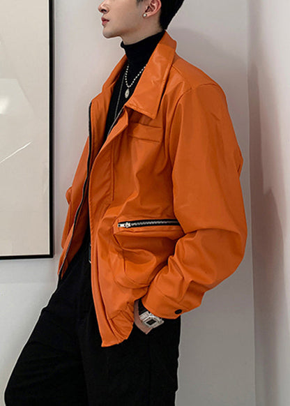 Simple Orange Zippered Pockets Faux Leather Coats Spring Rn031