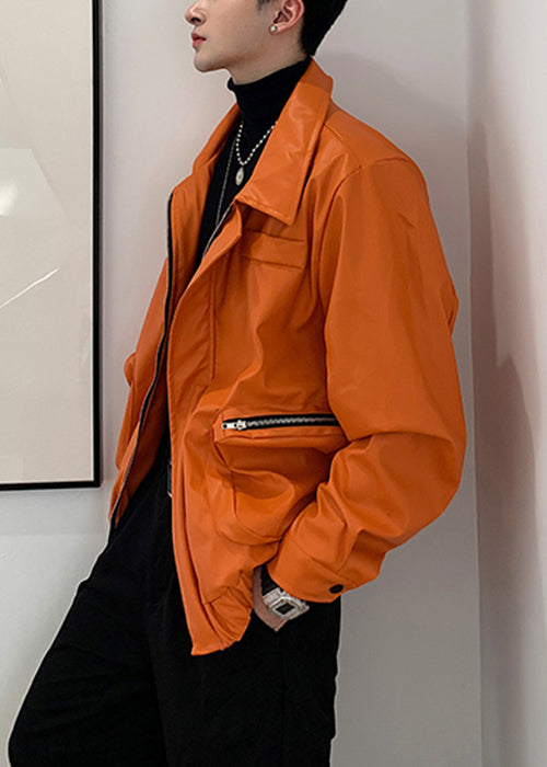 Simple Orange Zippered Pockets Faux Leather Coats Spring Rn031