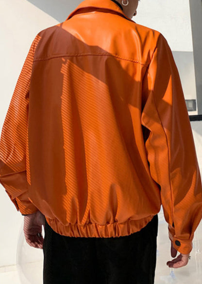 Simple Orange Zippered Pockets Faux Leather Coats Spring Rn031