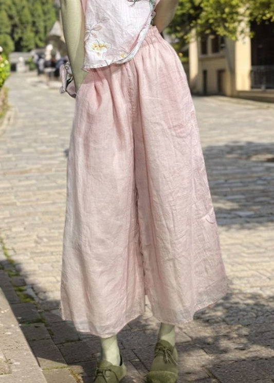 Simple Pink Pockets Elastic Waist Crop Pants Summer Uu1014