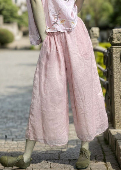 Simple Pink Pockets Elastic Waist Crop Pants Summer Uu1014