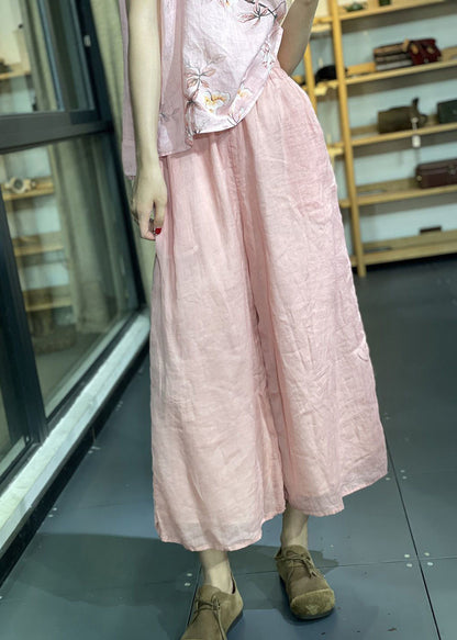 Simple Pink Pockets Elastic Waist Crop Pants Summer Uu1014