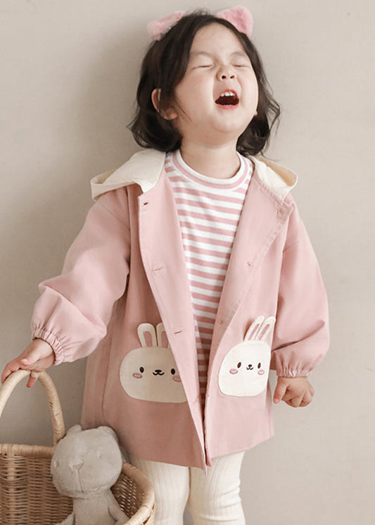 Simple Pink Print Button Hooded Coat Fall Qv034