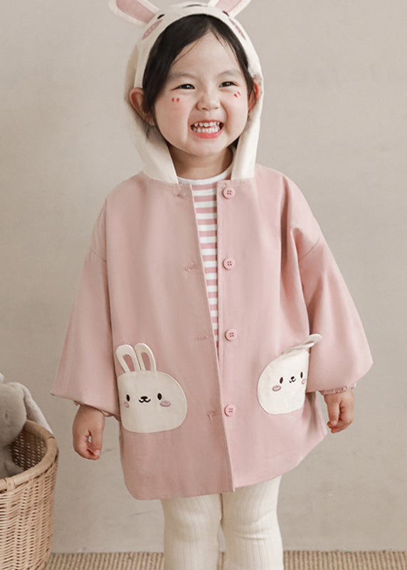Simple Pink Print Button Hooded Coat Fall Qv034