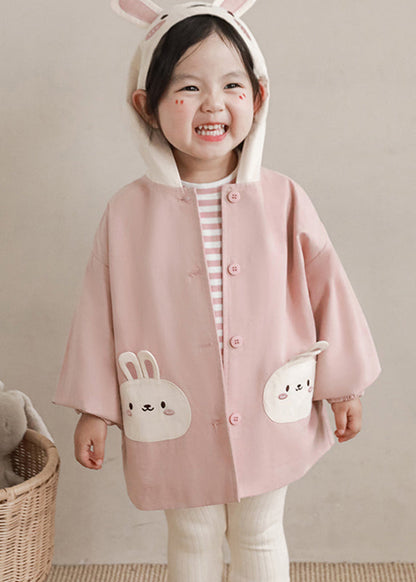 Simple Pink Print Button Hooded Coat Fall Qv034