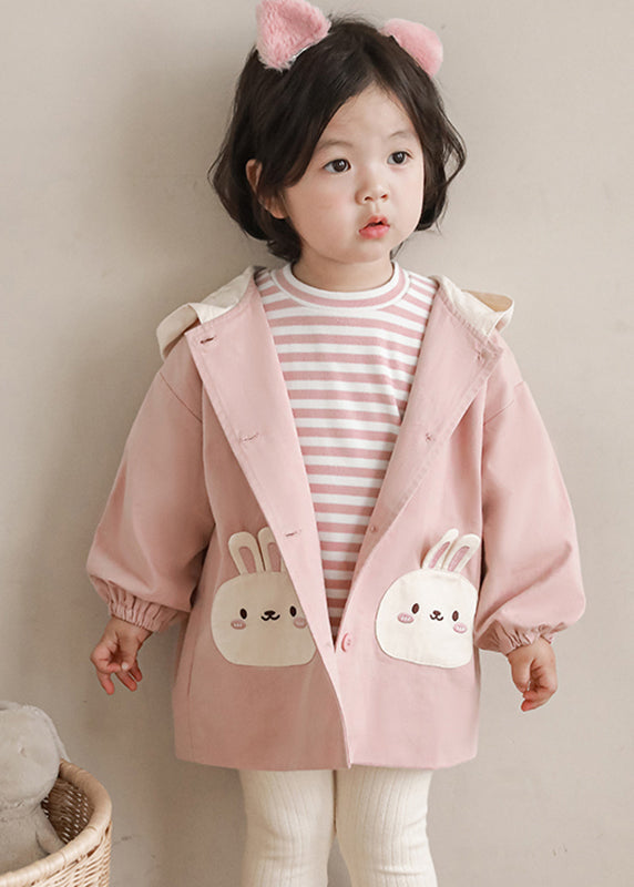 Simple Pink Print Button Hooded Coat Fall Qv034