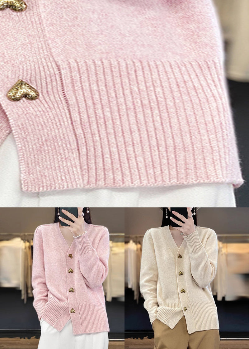 Spring Neck Coats V Beige Knit Button