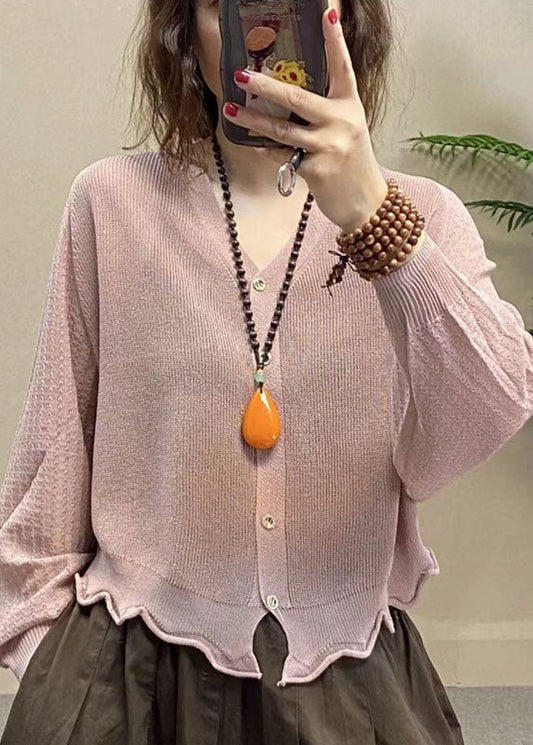 Simple Pink V Neck Button Ice Silk Upf 50+ Coat Summer Bv083