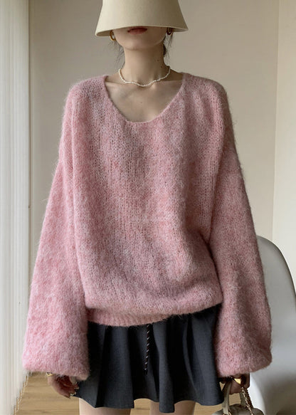 Simple Pink V Neck Cozy Cotton Knit Sweaters Winter Wy021
