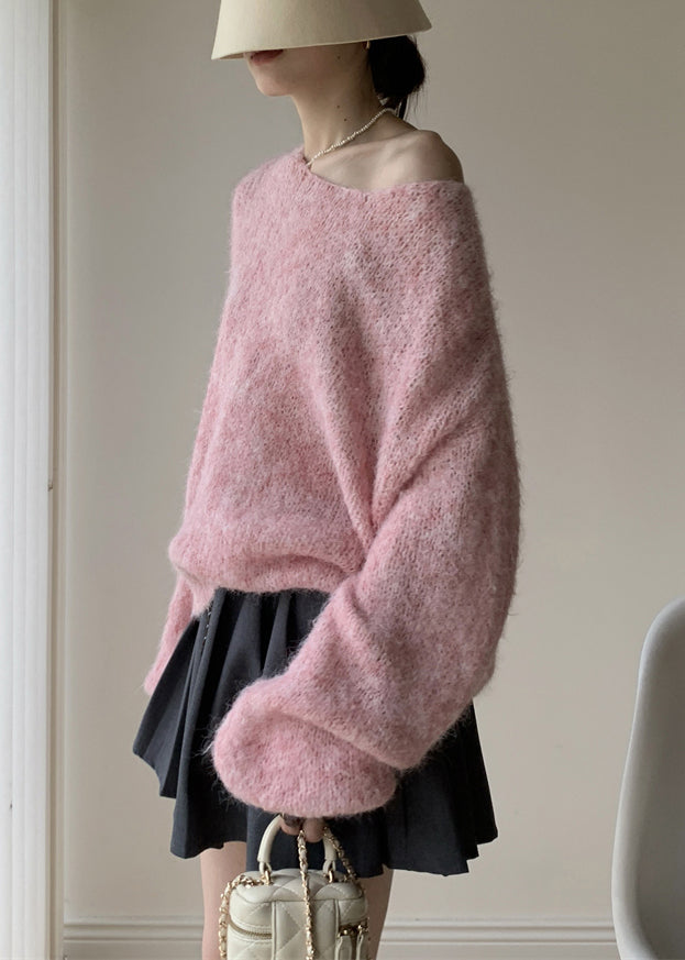 Simple Pink V Neck Cozy Cotton Knit Sweaters Winter Wy021