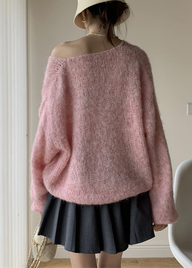 Simple Pink V Neck Cozy Cotton Knit Sweaters Winter Wy021