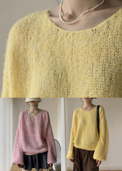 Yellow Cotton Knit Pullover Sweater V Neck Winter Wy020