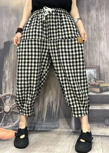 Simple Plaid Pocket Patchwork Cotton Crop Pants Summer Ly0617