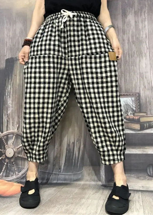 Simple Plaid Pocket Patchwork Cotton Crop Pants Summer Ly0617
