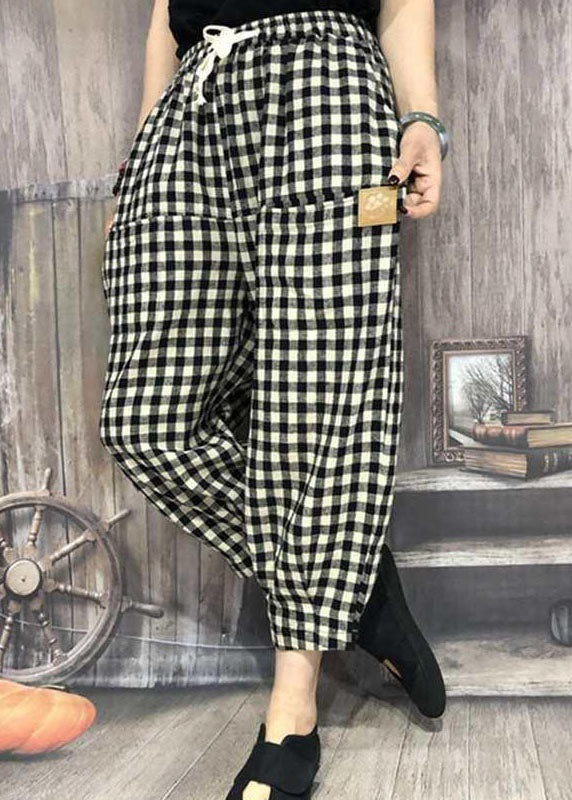 Simple Plaid Pocket Patchwork Cotton Crop Pants Summer Ly0617