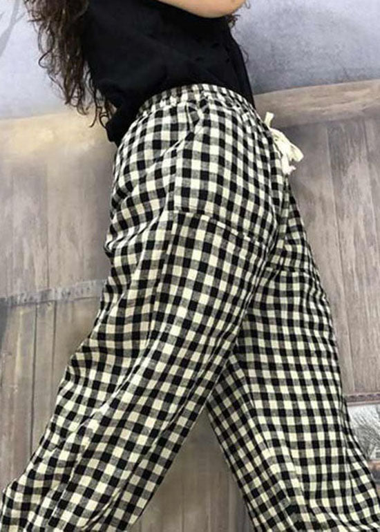 Simple Plaid Pocket Patchwork Cotton Crop Pants Summer Ly0617