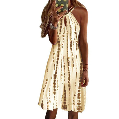 Simple Print Halter Neck Mini Dresses Hollow Out Backless Sleeveless Dress Lady Commuting Short Vestidos
