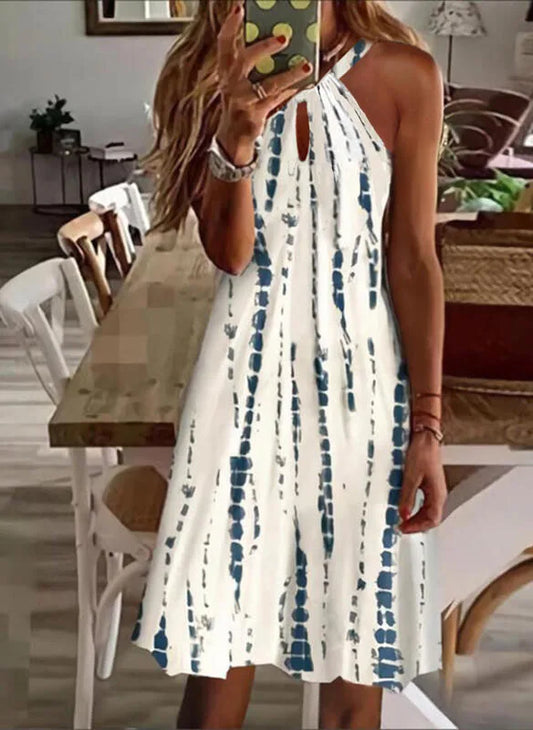 Simple Print Halter Neck Mini Dresses Hollow Out Backless Sleeveless Dress Lady Commuting Short Vestidos