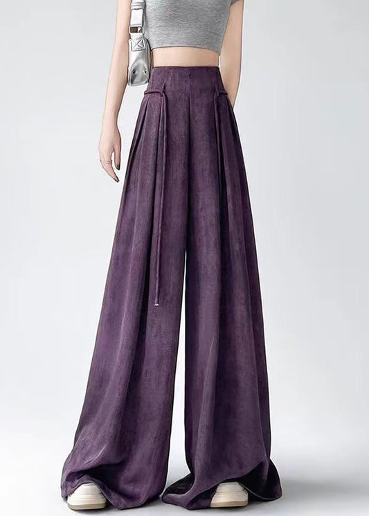 Simple Purple High Waist Ice Silk Wide Leg Pants Summer Ru002