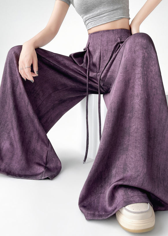 Simple Purple High Waist Ice Silk Wide Leg Pants Summer Ru002
