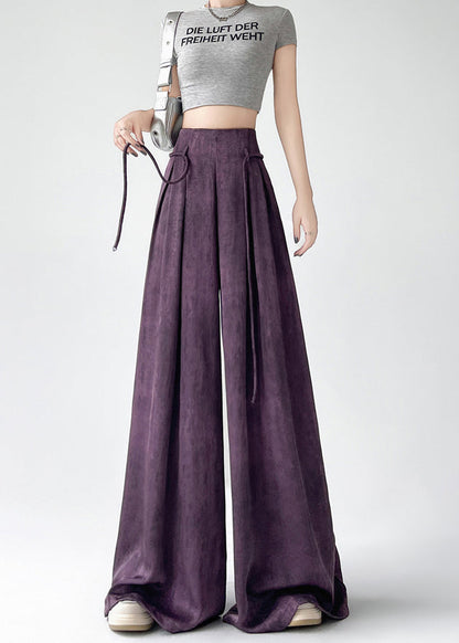 Simple Purple High Waist Ice Silk Wide Leg Pants Summer Ru002