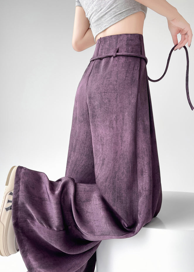 Simple Purple High Waist Ice Silk Wide Leg Pants Summer Ru002