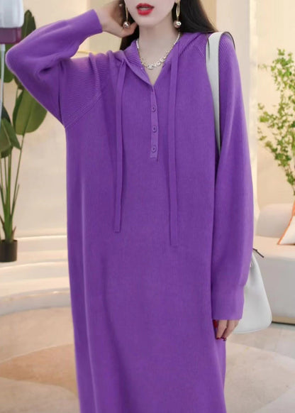 Simple Purple Hooded Button Knit Sweater Dress Winter Wm023
