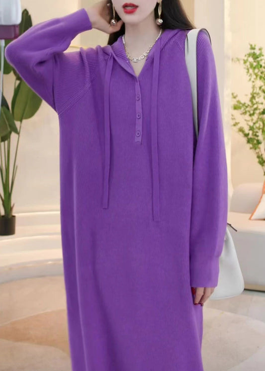 Simple Purple Hooded Button Knit Sweater Dress Winter Wm023