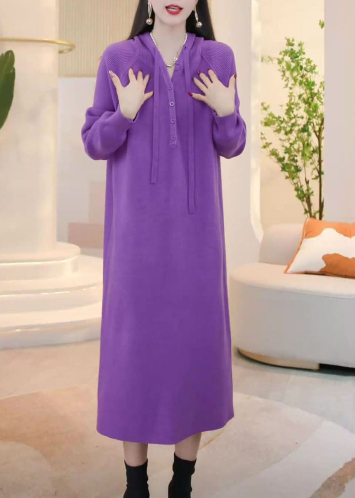 Simple Purple Hooded Button Knit Sweater Dress Winter Wm023