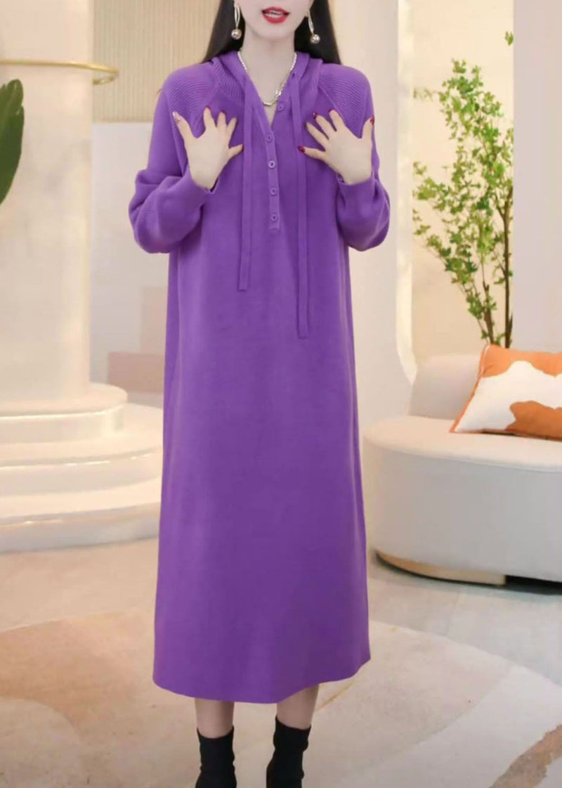 Simple Purple Hooded Button Knit Sweater Dress Winter Wm023
