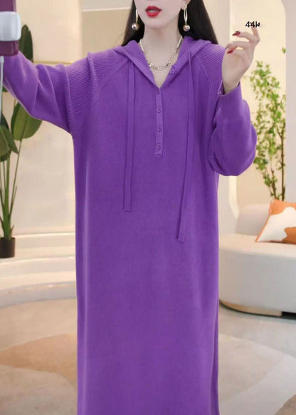 Simple Purple Hooded Button Knit Sweater Dress Winter Wm023