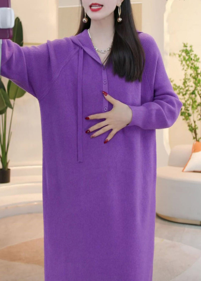 Simple Purple Hooded Button Knit Sweater Dress Winter Wm023