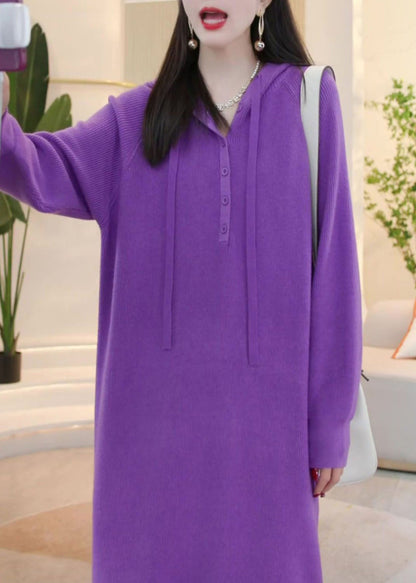 Simple Purple Hooded Button Knit Sweater Dress Winter Wm023