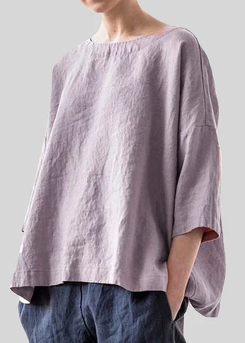 Simple Purple O-neck Cotton Blouse Bracelet Sleeve Ff032