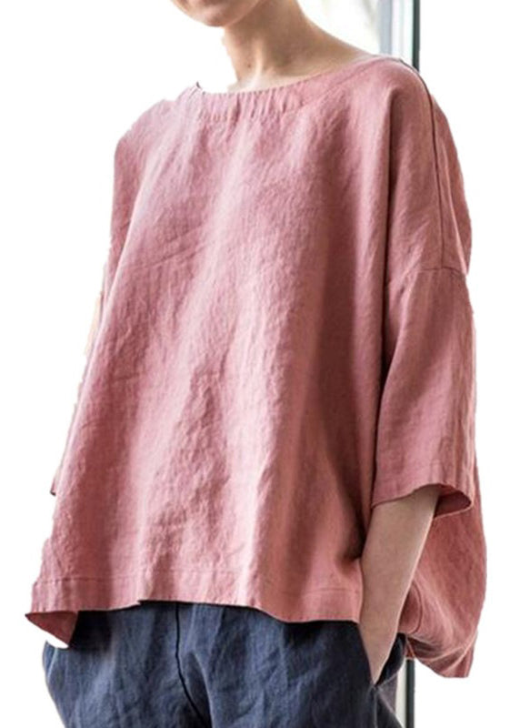 Simple Purple O-neck Cotton Blouse Bracelet Sleeve Ff032