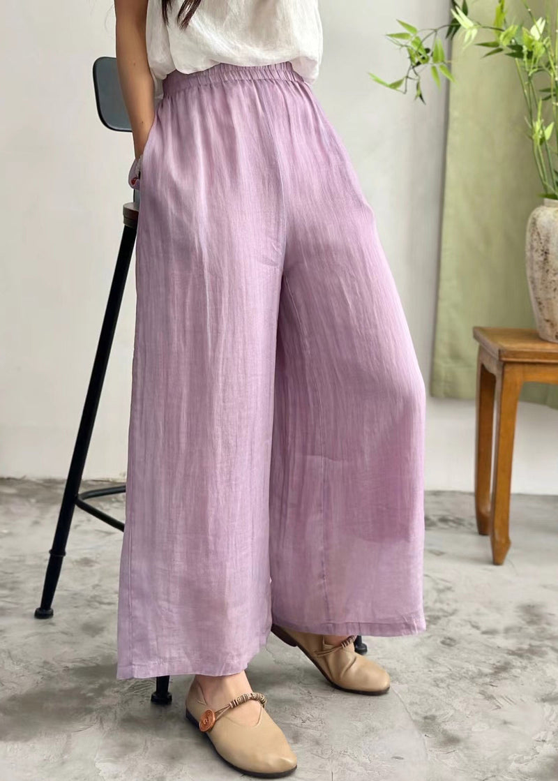 Simple Purple Pockets Elastic Waist Linen Wide Leg Pants Summer Jh035