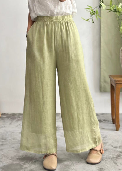 Simple Purple Pockets Elastic Waist Linen Wide Leg Pants Summer Jh035